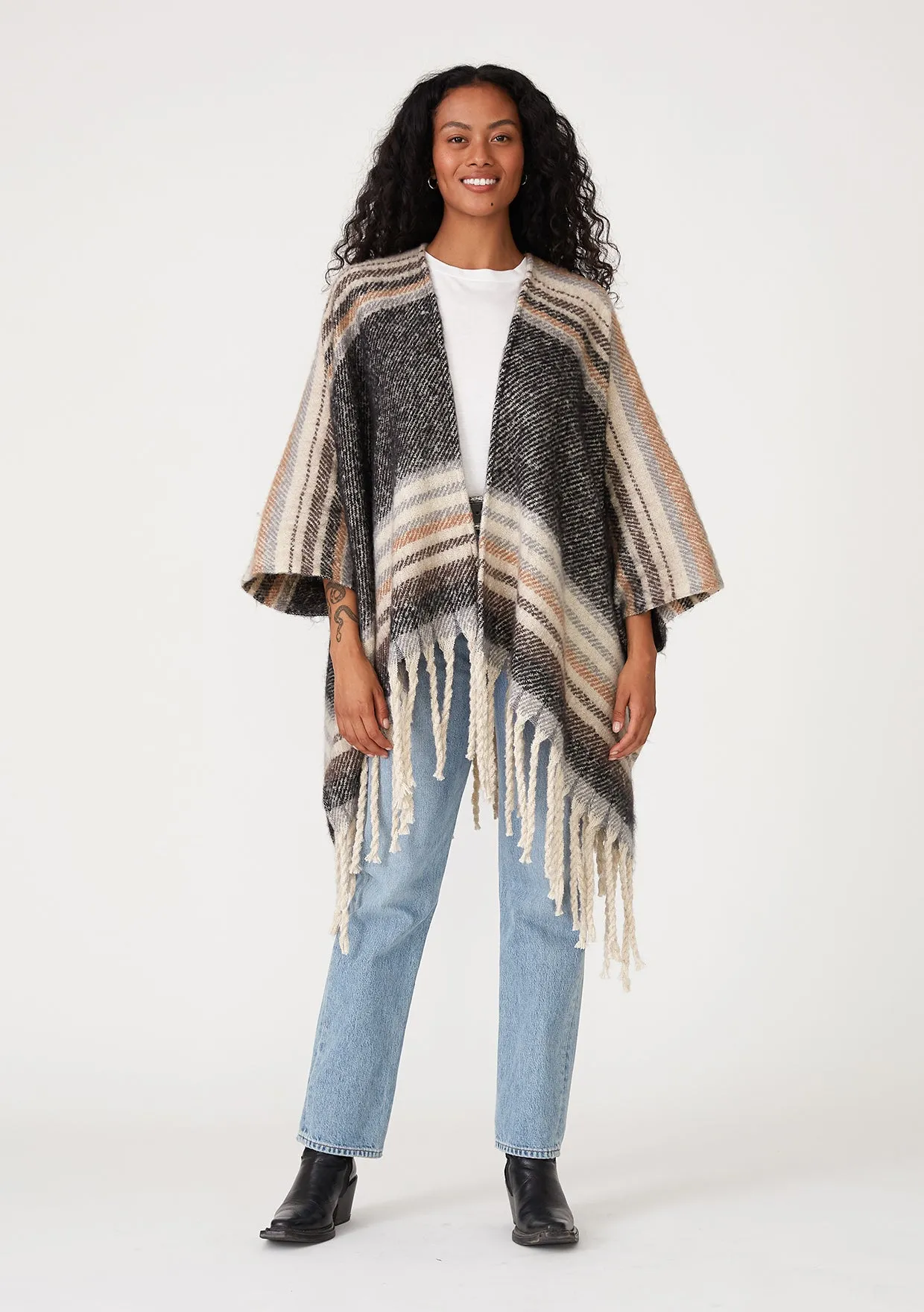 Bohemian Striped Fringe Poncho