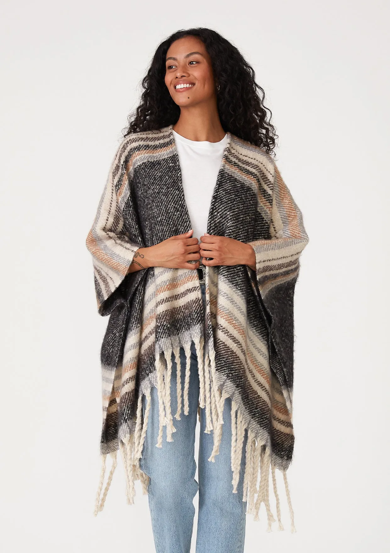 Bohemian Striped Fringe Poncho