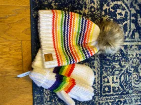 Bring the sunshine! Rainbow hat and mitten set!