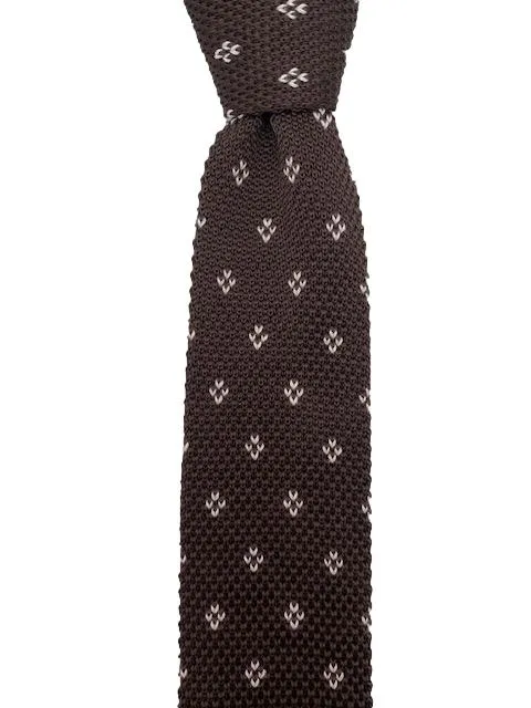 Brown and White Motif Knit Necktie