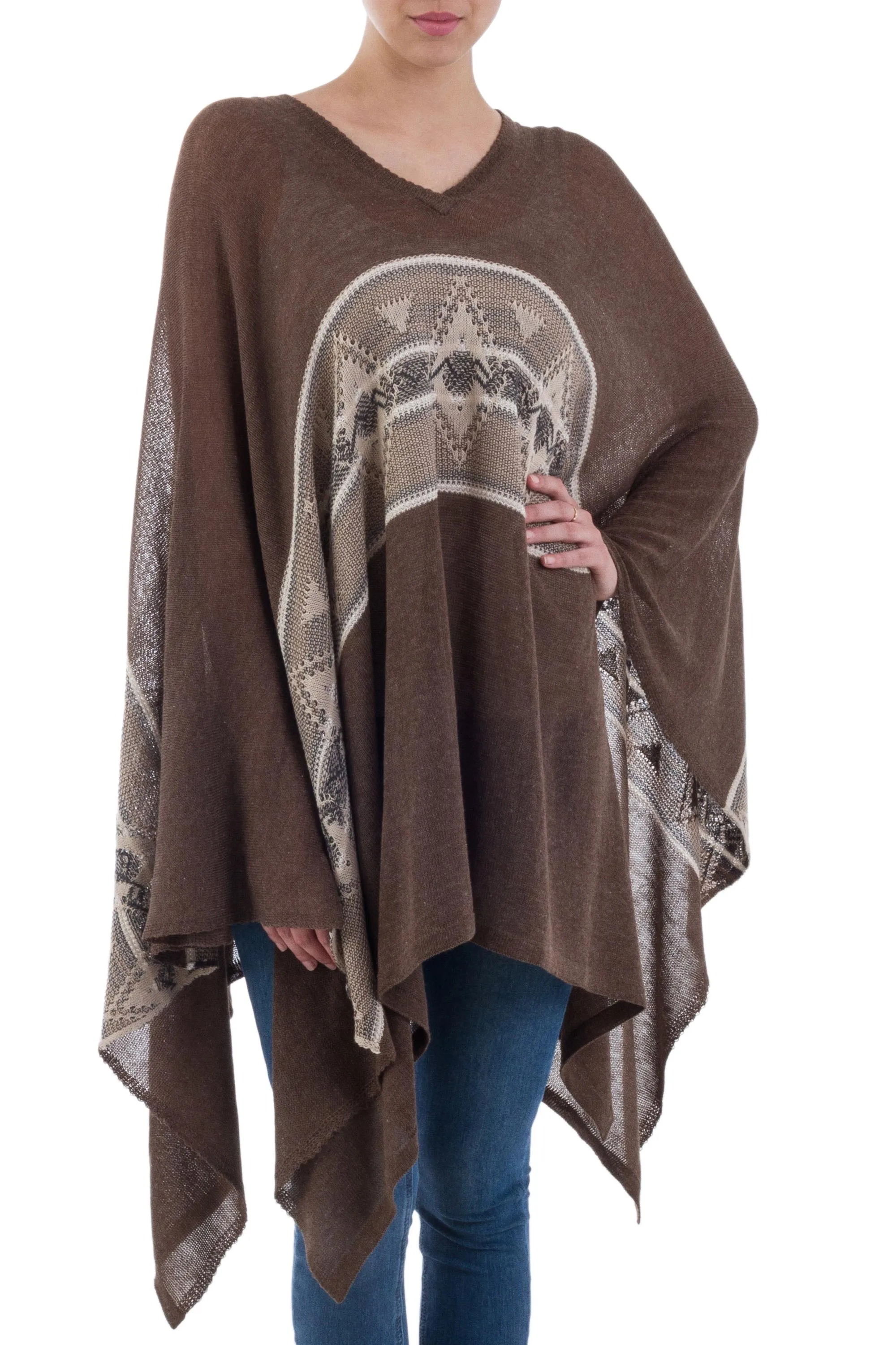 Brown Inca Woven Dark Brown Poncho with Stripe from Peru