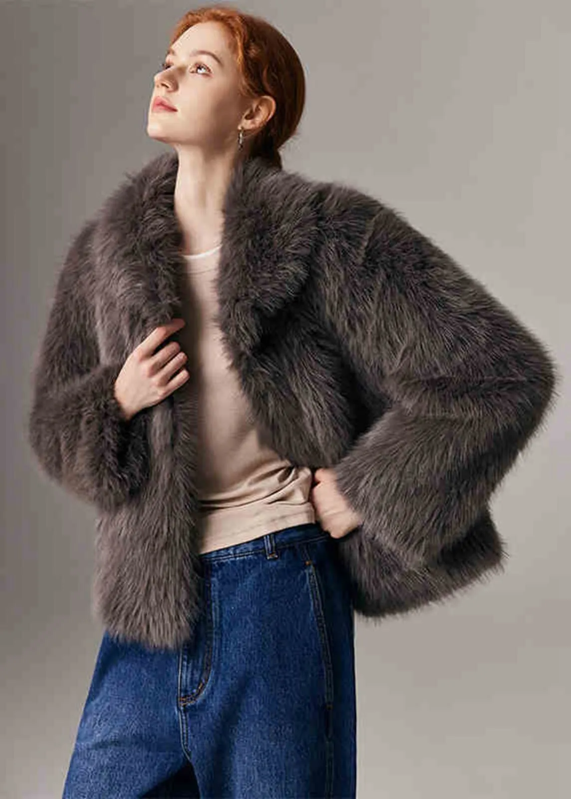 Brown Shawl Collar Faux Fur Short Coat