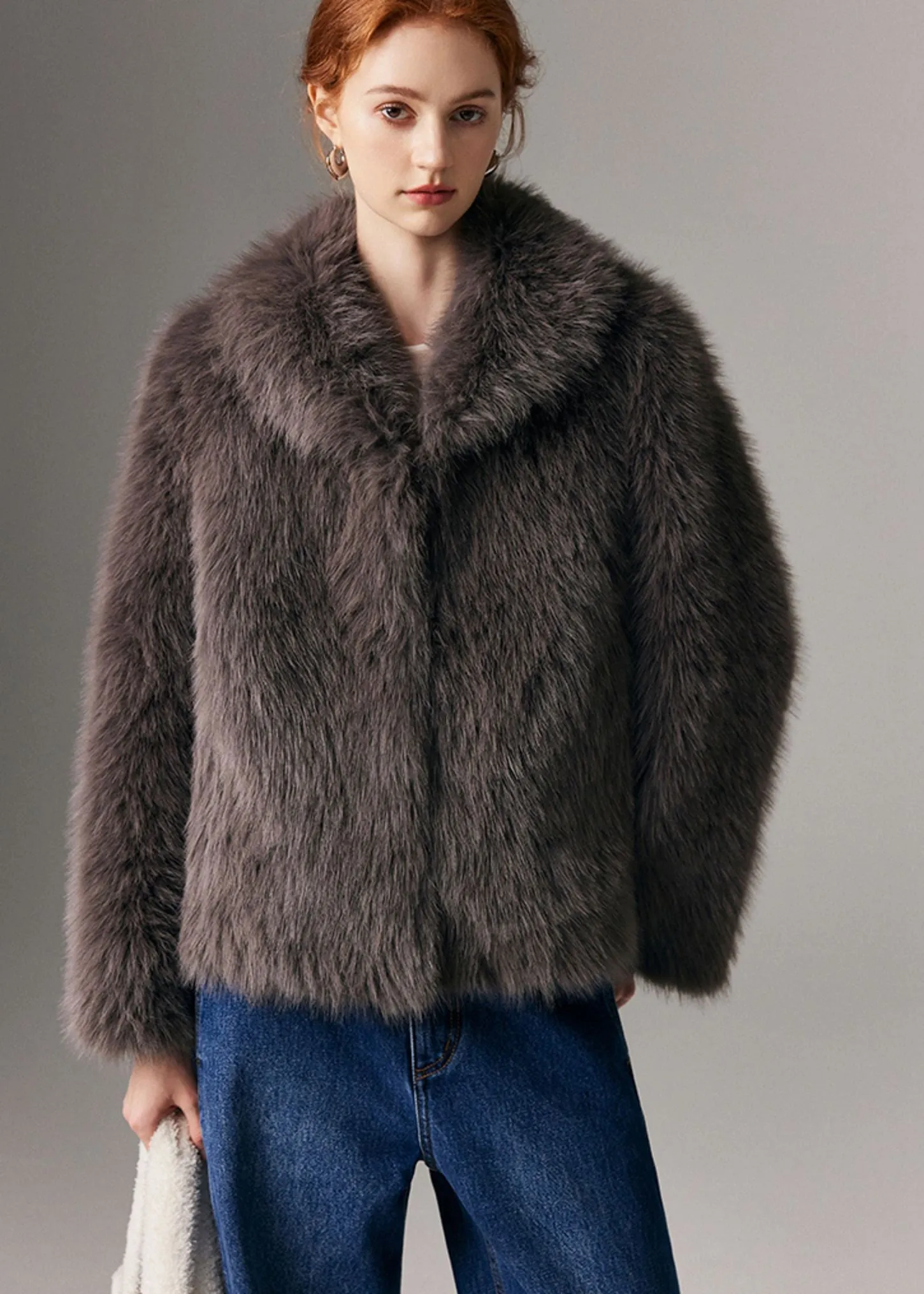 Brown Shawl Collar Faux Fur Short Coat