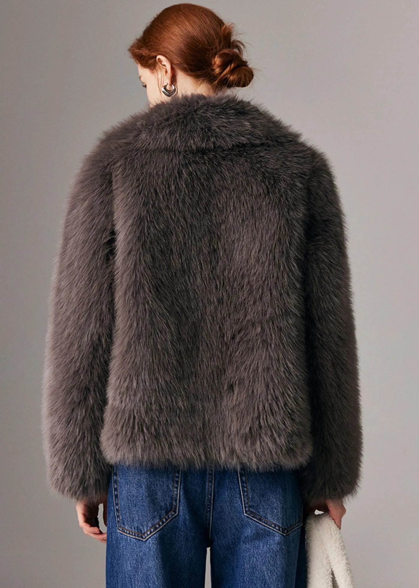 Brown Shawl Collar Faux Fur Short Coat