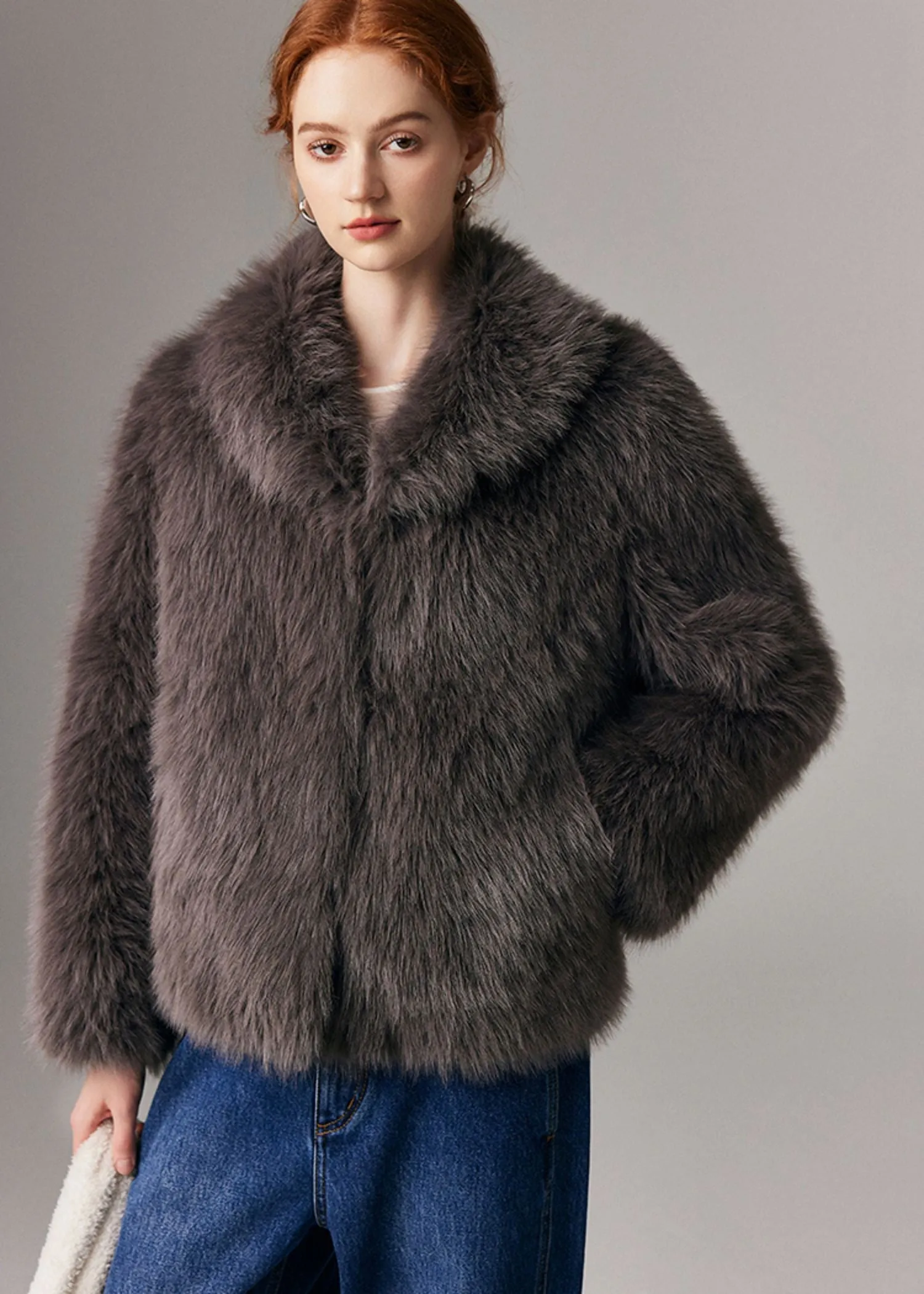 Brown Shawl Collar Faux Fur Short Coat