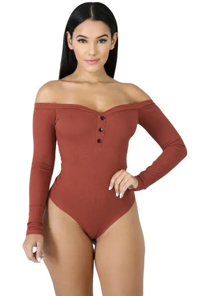 Button Front Off Shoulder Long Sleeve Bodysuit