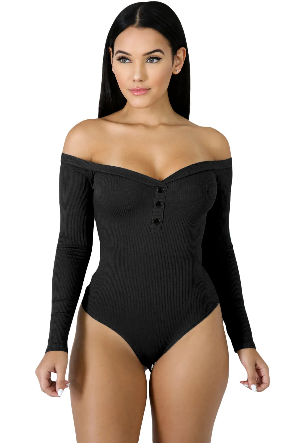 Button Front Off Shoulder Long Sleeve Bodysuit