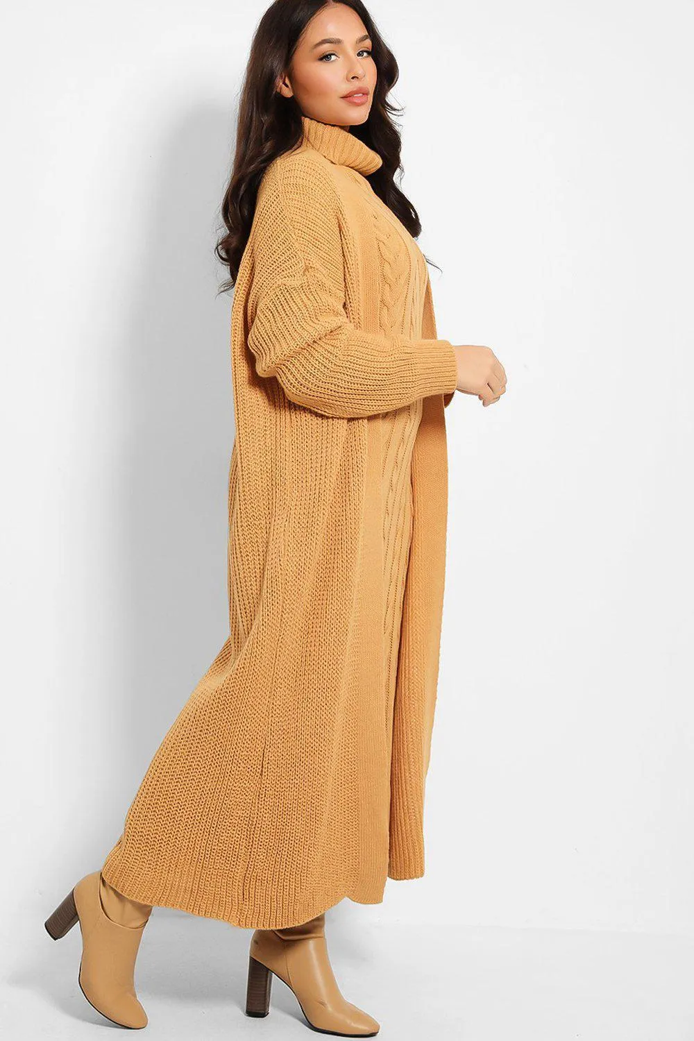 CAMEL CABLE KNIT ROLL NECK MAXI DRESS & CARDIGAN SET