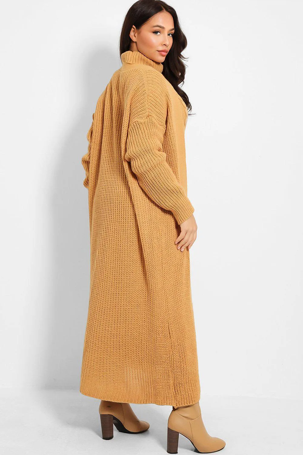 CAMEL CABLE KNIT ROLL NECK MAXI DRESS & CARDIGAN SET