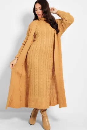 CAMEL CABLE KNIT ROLL NECK MAXI DRESS & CARDIGAN SET