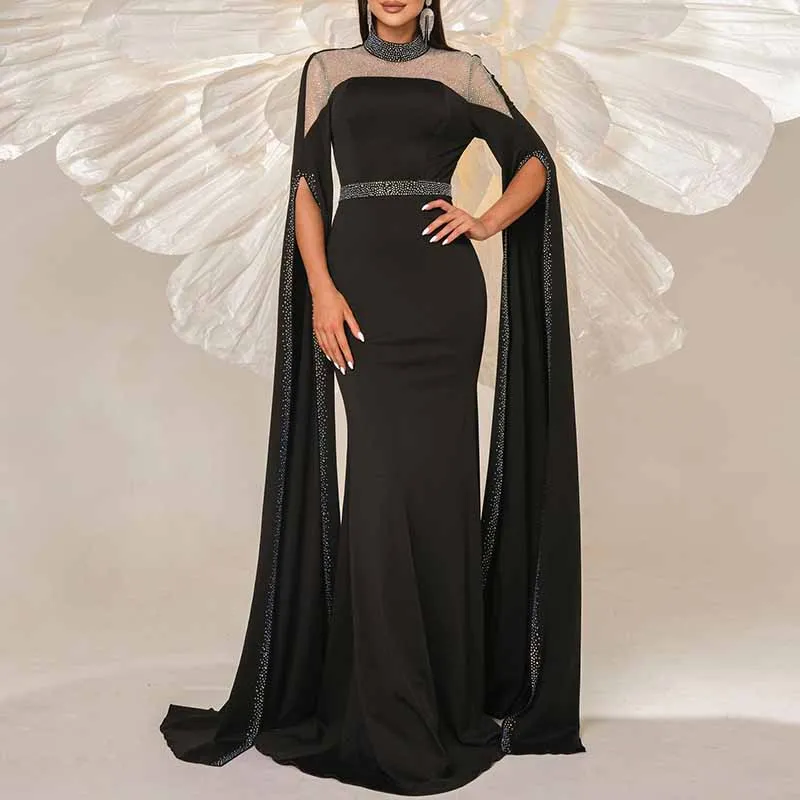 Cape Sleeves Black Evening Dress Long Prom Dress Event Dress