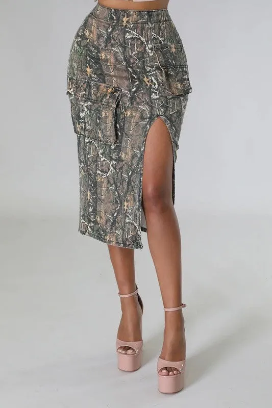 Cargo Midi Skirt in Woodland Camo