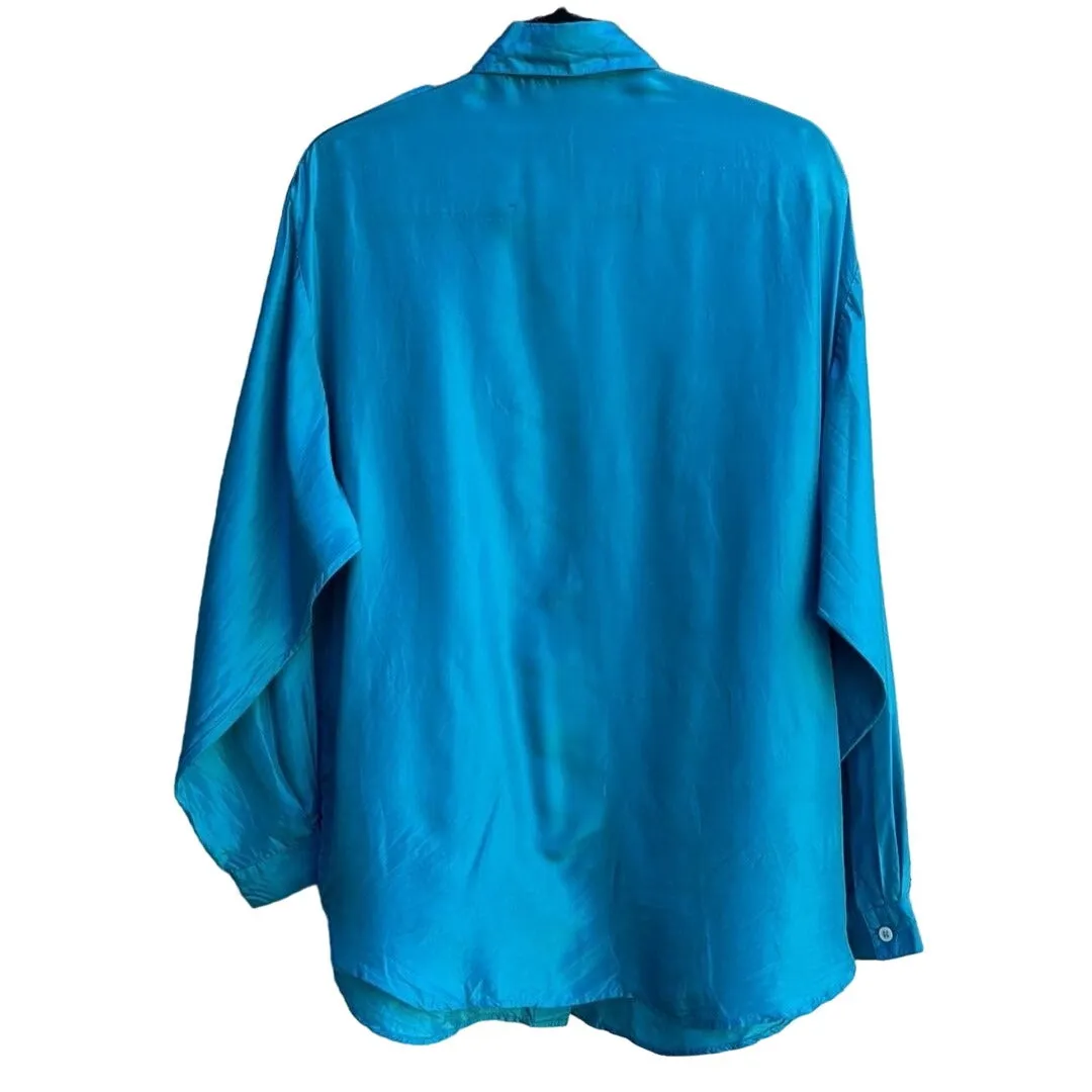 Carole Little St Tropez Vintage Silk Teal Oversized Button-Up Epaulette Shirt 6