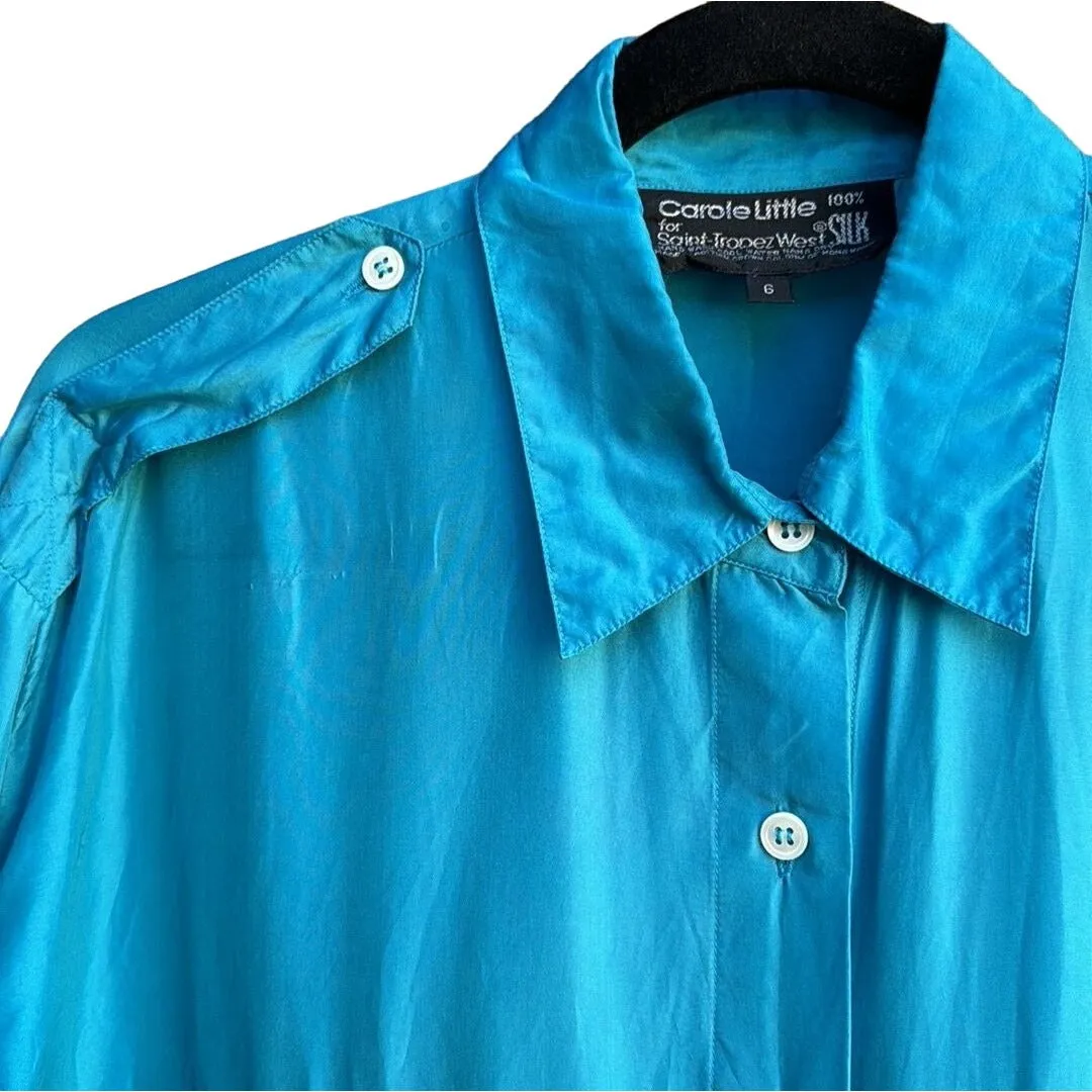 Carole Little St Tropez Vintage Silk Teal Oversized Button-Up Epaulette Shirt 6