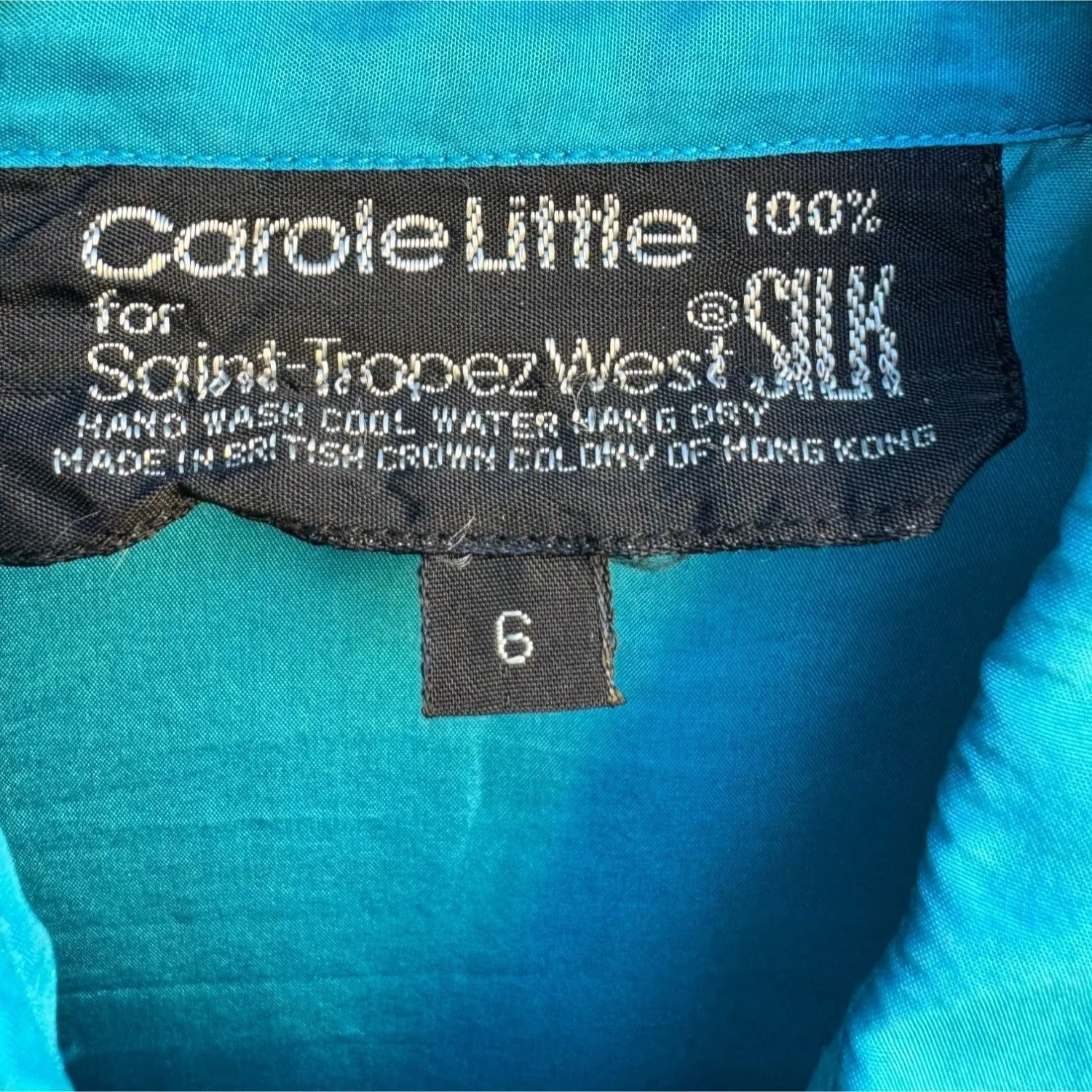 Carole Little St Tropez Vintage Silk Teal Oversized Button-Up Epaulette Shirt 6