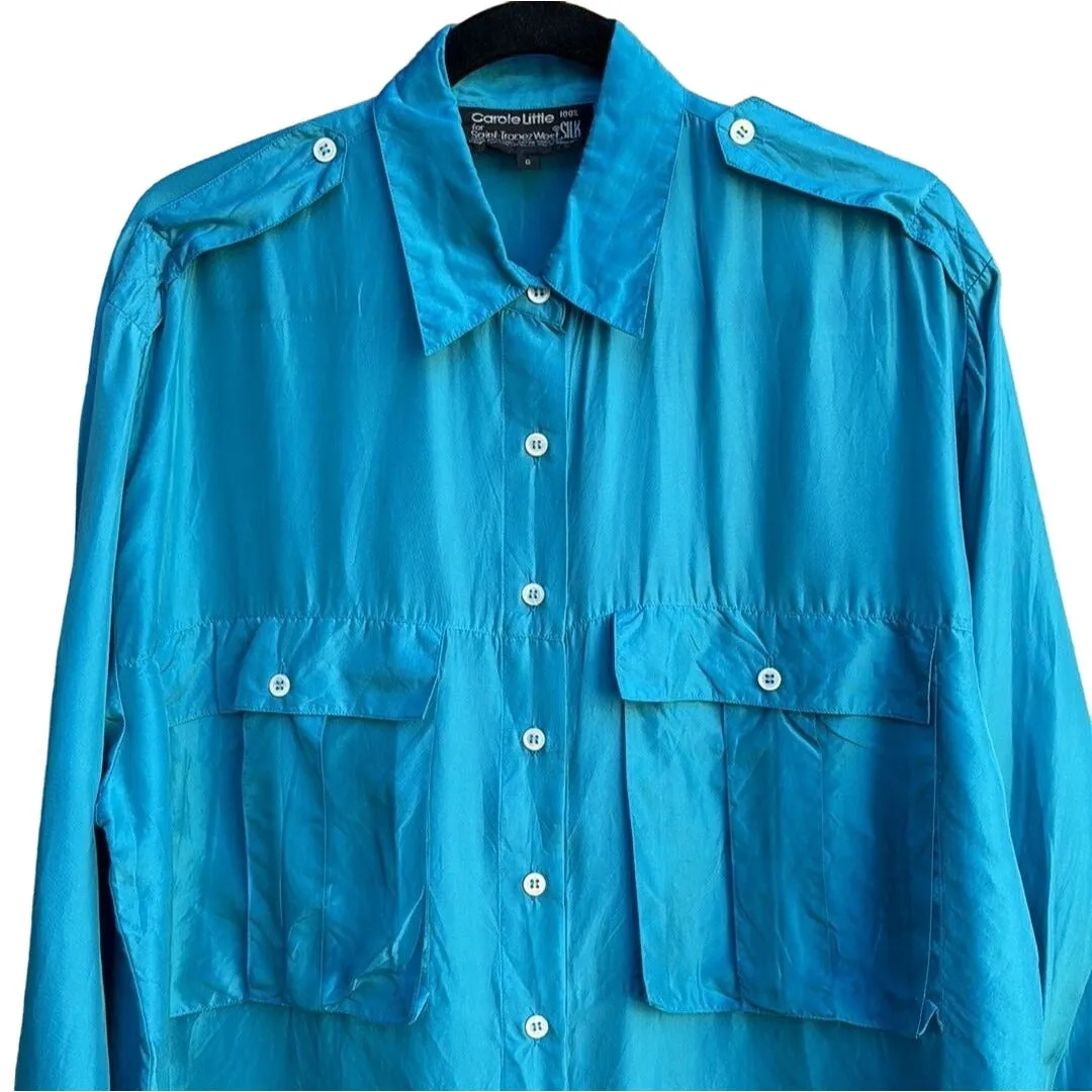 Carole Little St Tropez Vintage Silk Teal Oversized Button-Up Epaulette Shirt 6