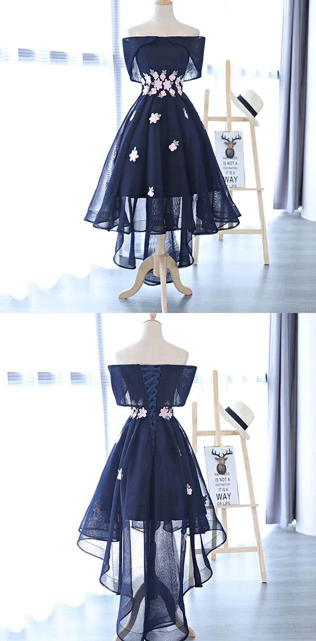 Charming Navy Blue Tulle Party Dress with Flowers, Cute Prom Dress