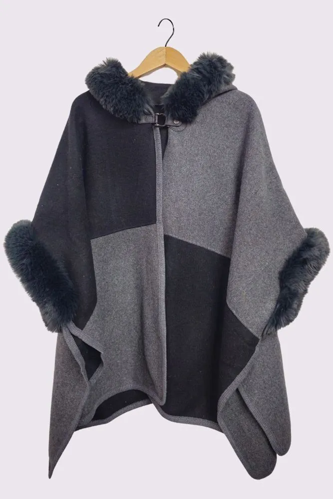 Checkboard Pattern Faux Fur Hooded Poncho