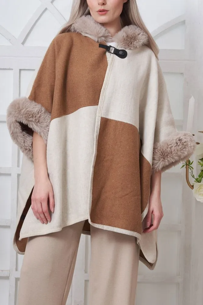 Checkboard Pattern Faux Fur Hooded Poncho