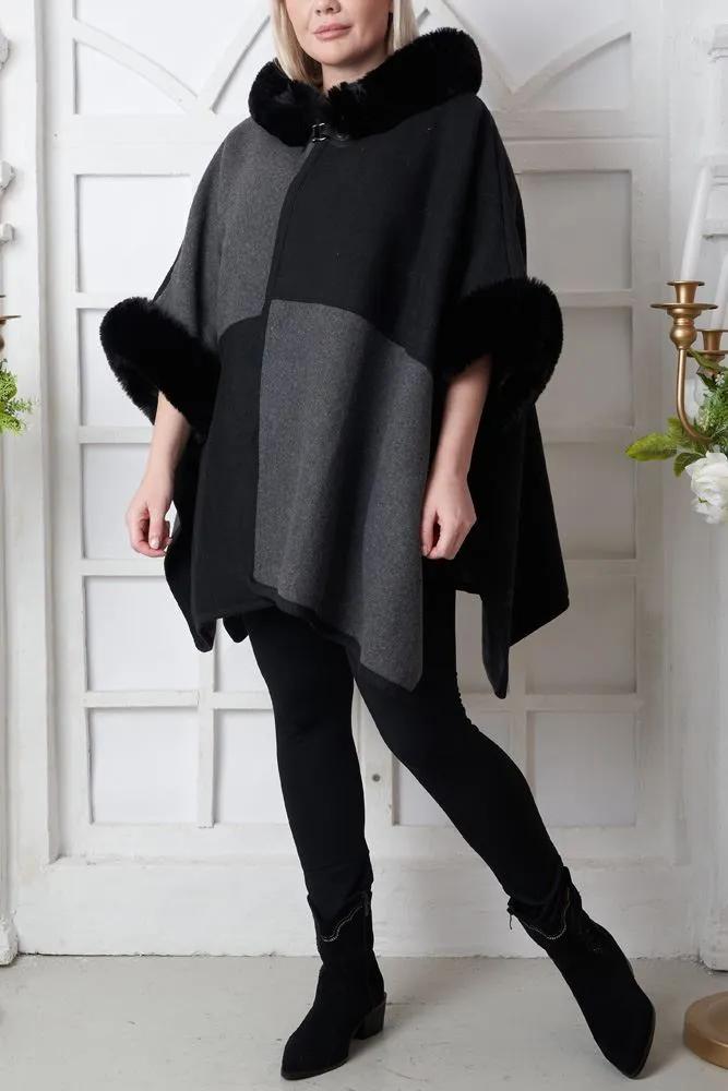 Checkboard Pattern Faux Fur Hooded Poncho