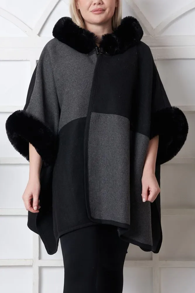 Checkboard Pattern Faux Fur Hooded Poncho