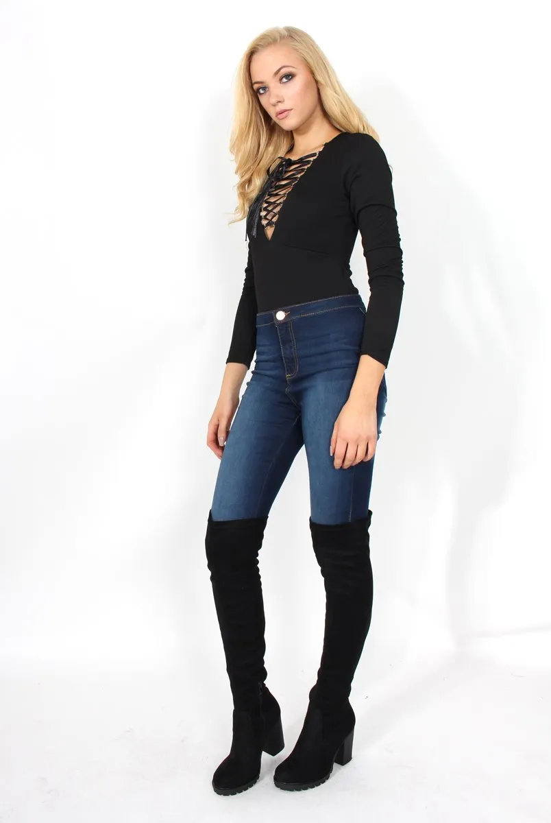 Cheryl Black Tie Up Long Sleeved Bodysuit