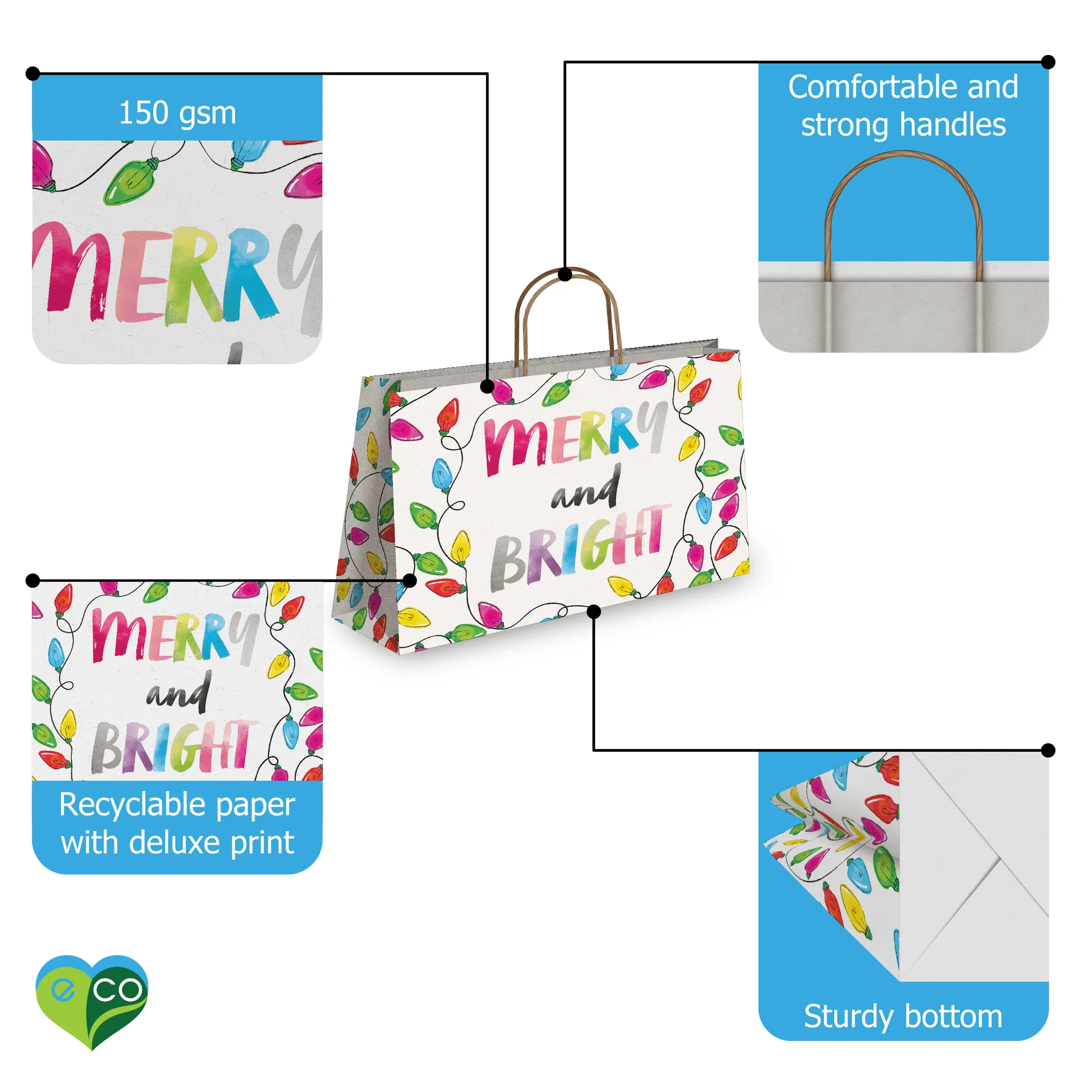 Christmas Lights Kraft Gift Bags Mixed Size Set