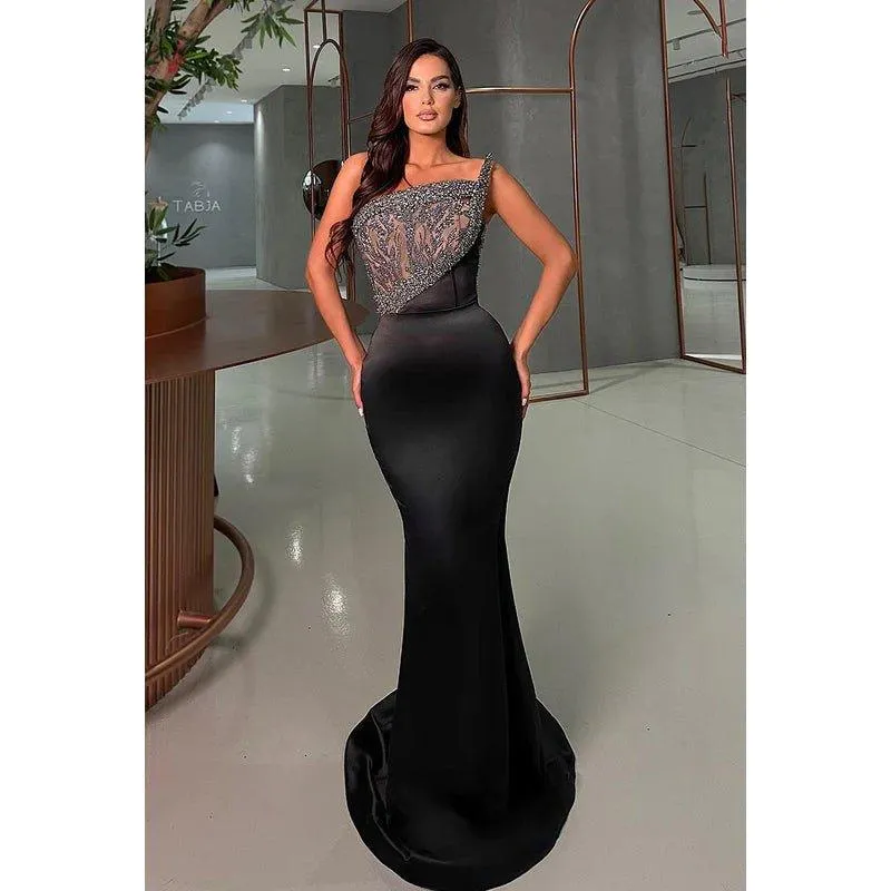 Classic & Timeless One Shoulder Sleeveless Trumpet Rhinestones Formal Prom Dress