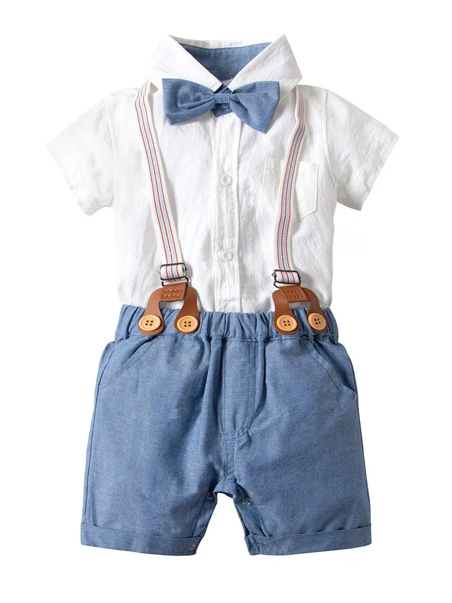 Cotton Babywear 4-Piece Outfits Set Short Sleeve Button Down White Bodysuit and Adjustable Shoulder Straps Shorts and Bow Tie