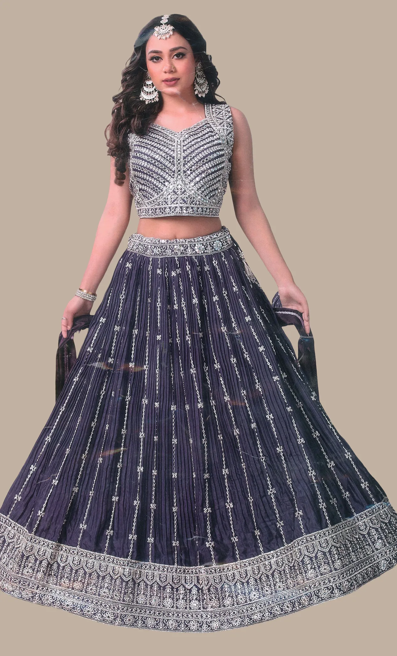 Dark Grey Embroidered Chania Choli Set