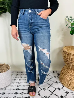 Dark Wash Urban Distressed Crop Jean