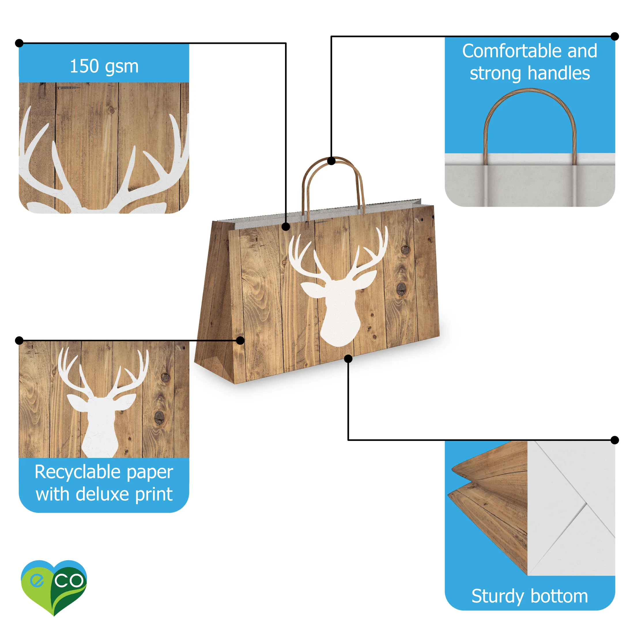 Deer Head Large Birthday Gift Bags Vogue Kraft Shopping Bags with Handles (11.5x16x6 inches)