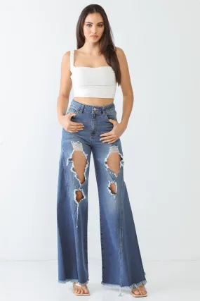 Denim Cotton Cut-Out Five Pocket High Waist Flare Jeans