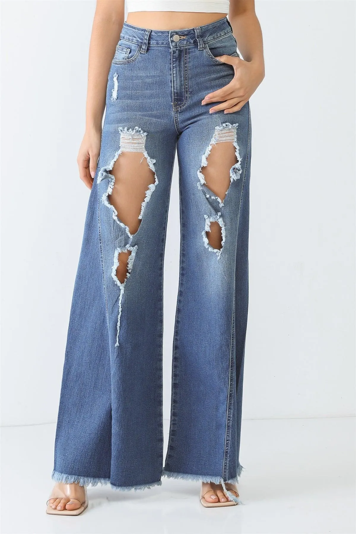 Denim Cotton Cut-Out Five Pocket High Waist Flare Jeans