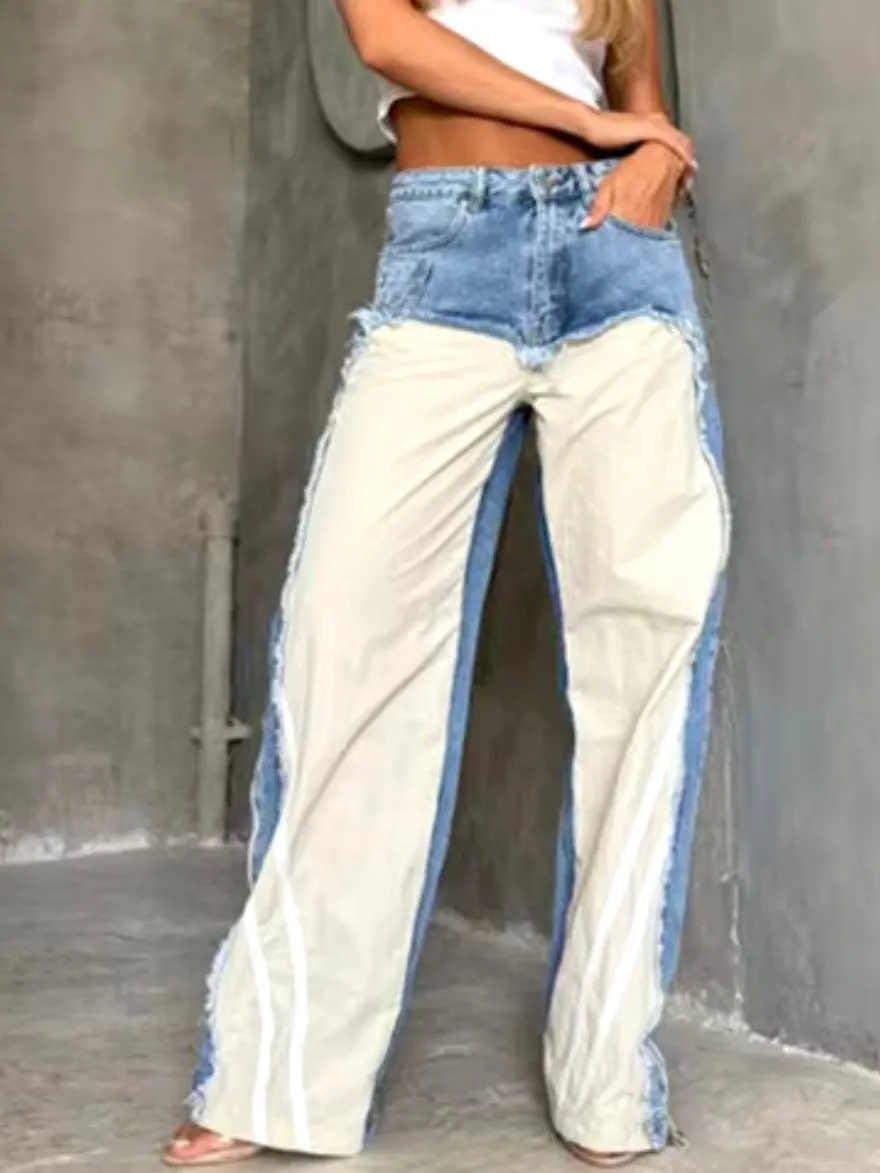 Denim mid blue mix fabrics pants