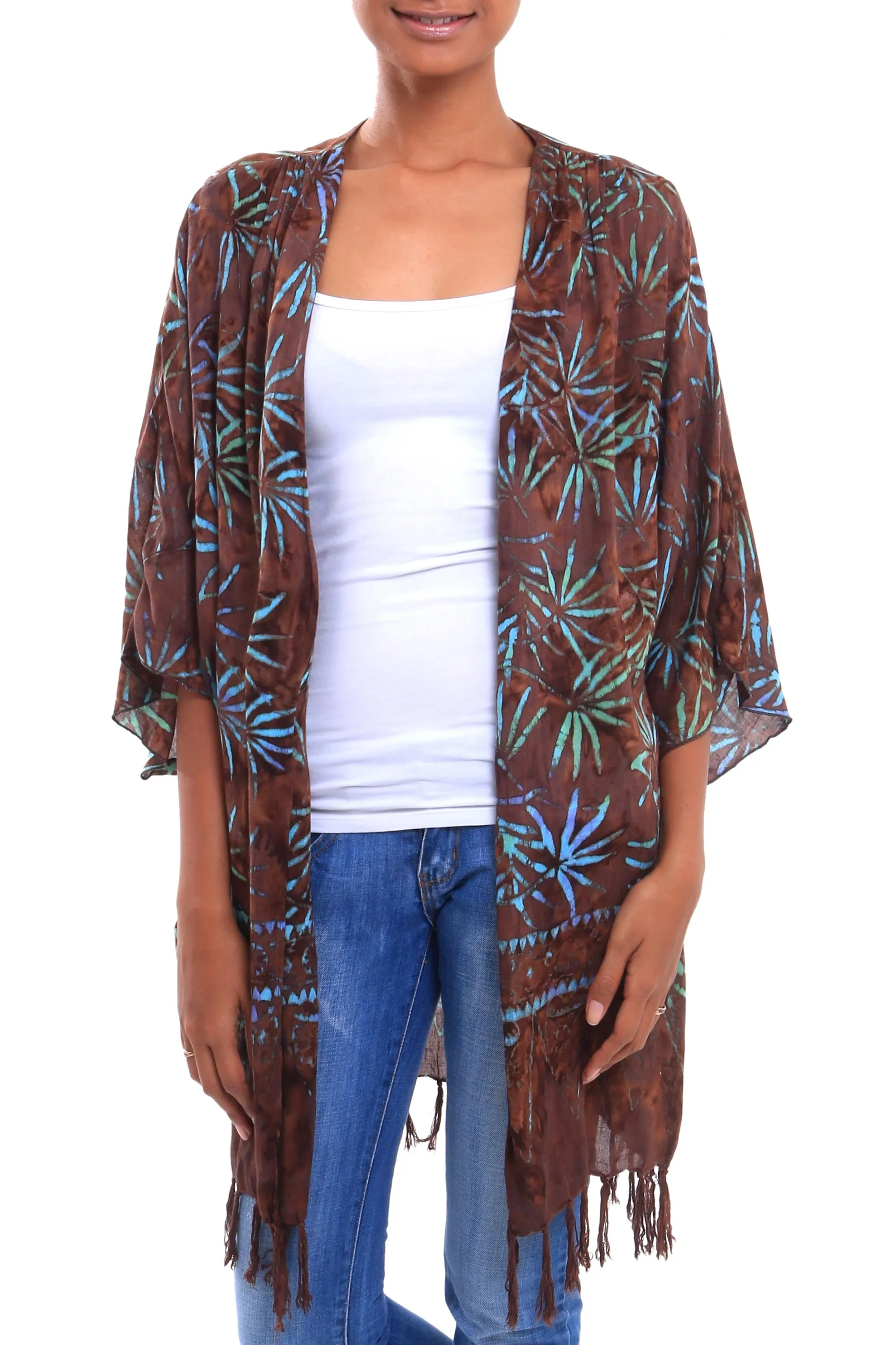 Denpasar Lady in Brown Leaf Motif Batik Rayon Kimono Jacket in Brown from Bali