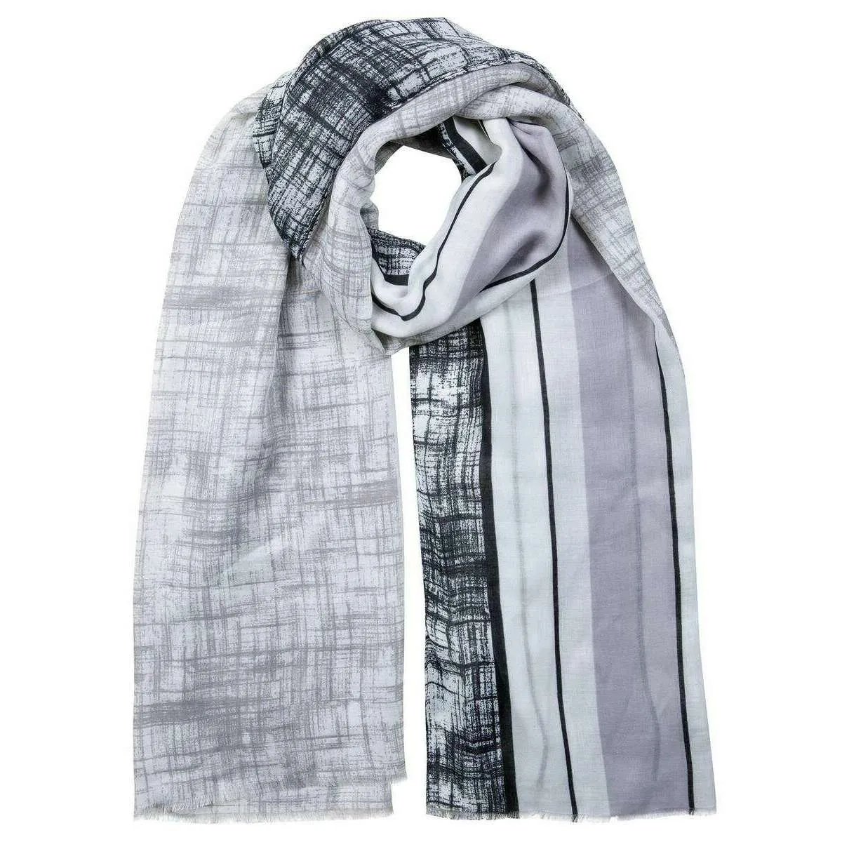 Dents Stripe and Crosshatch Pattern Lightweight Scarf - Grey