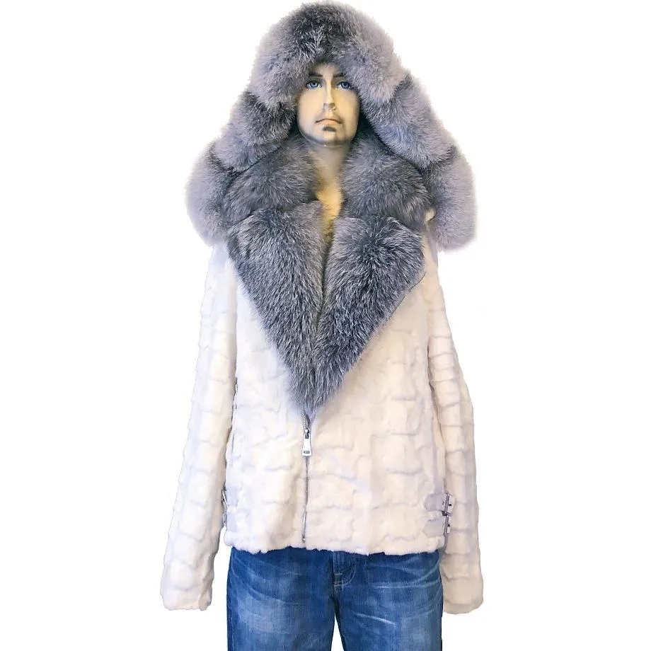 Diamond Mink Motor Jacket w/Fox Collar and Hood - White