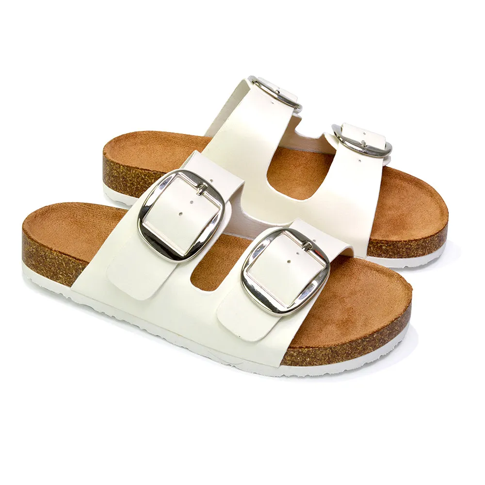 Dolly Slip On Sliders Statement Double Buckle Up Flat Sandals in White