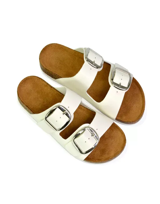 Dolly Slip On Sliders Statement Double Buckle Up Flat Sandals in White