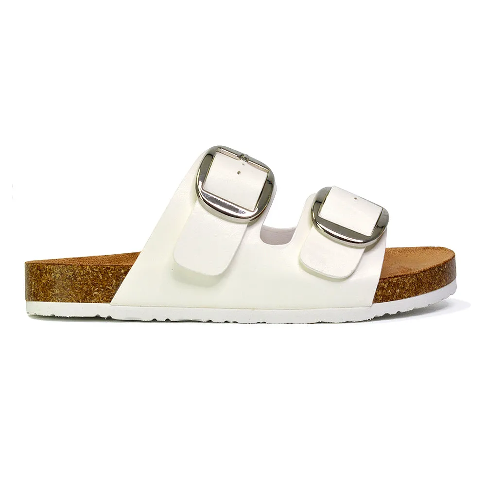 Dolly Slip On Sliders Statement Double Buckle Up Flat Sandals in White