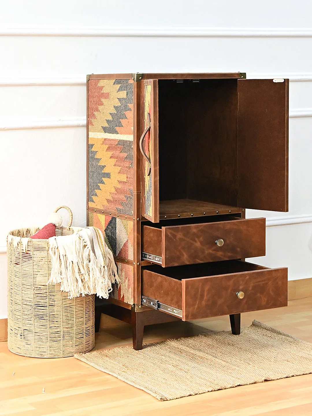 ELEGANCE CABINET WITH DRAWER - KILIM AND LEATHER