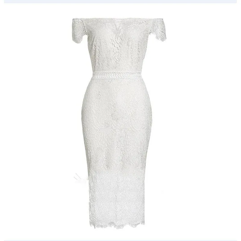 Elegant Lace bodycon midi pencil dress | Short sleeves formal cocktail party prom evening dress