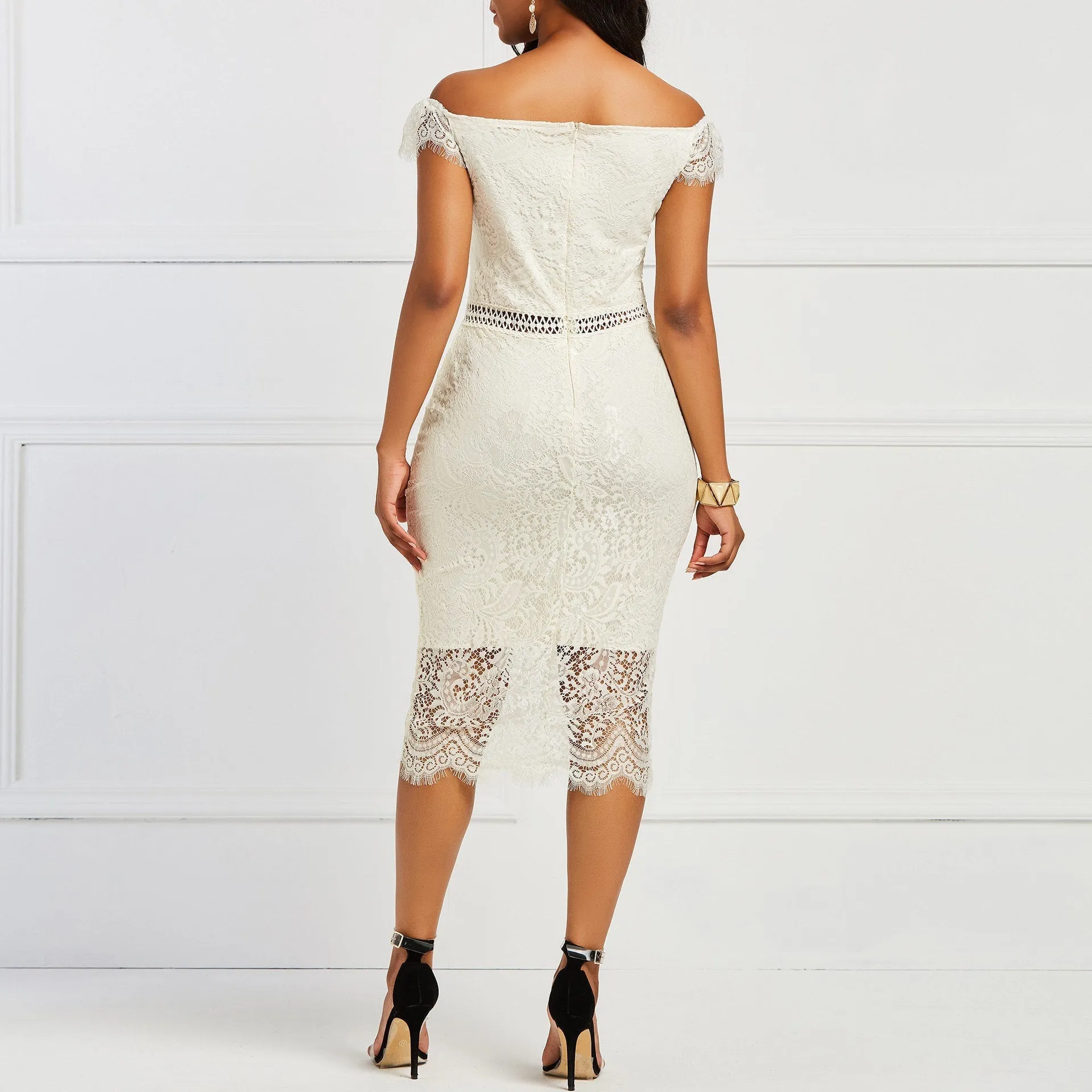 Elegant Lace bodycon midi pencil dress | Short sleeves formal cocktail party prom evening dress