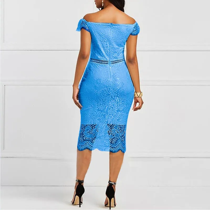 Elegant Lace bodycon midi pencil dress | Short sleeves formal cocktail party prom evening dress