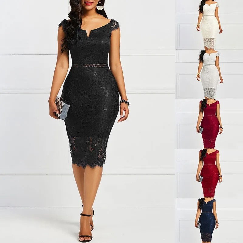 Elegant Lace bodycon midi pencil dress | Short sleeves formal cocktail party prom evening dress