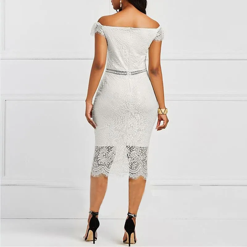 Elegant Lace bodycon midi pencil dress | Short sleeves formal cocktail party prom evening dress