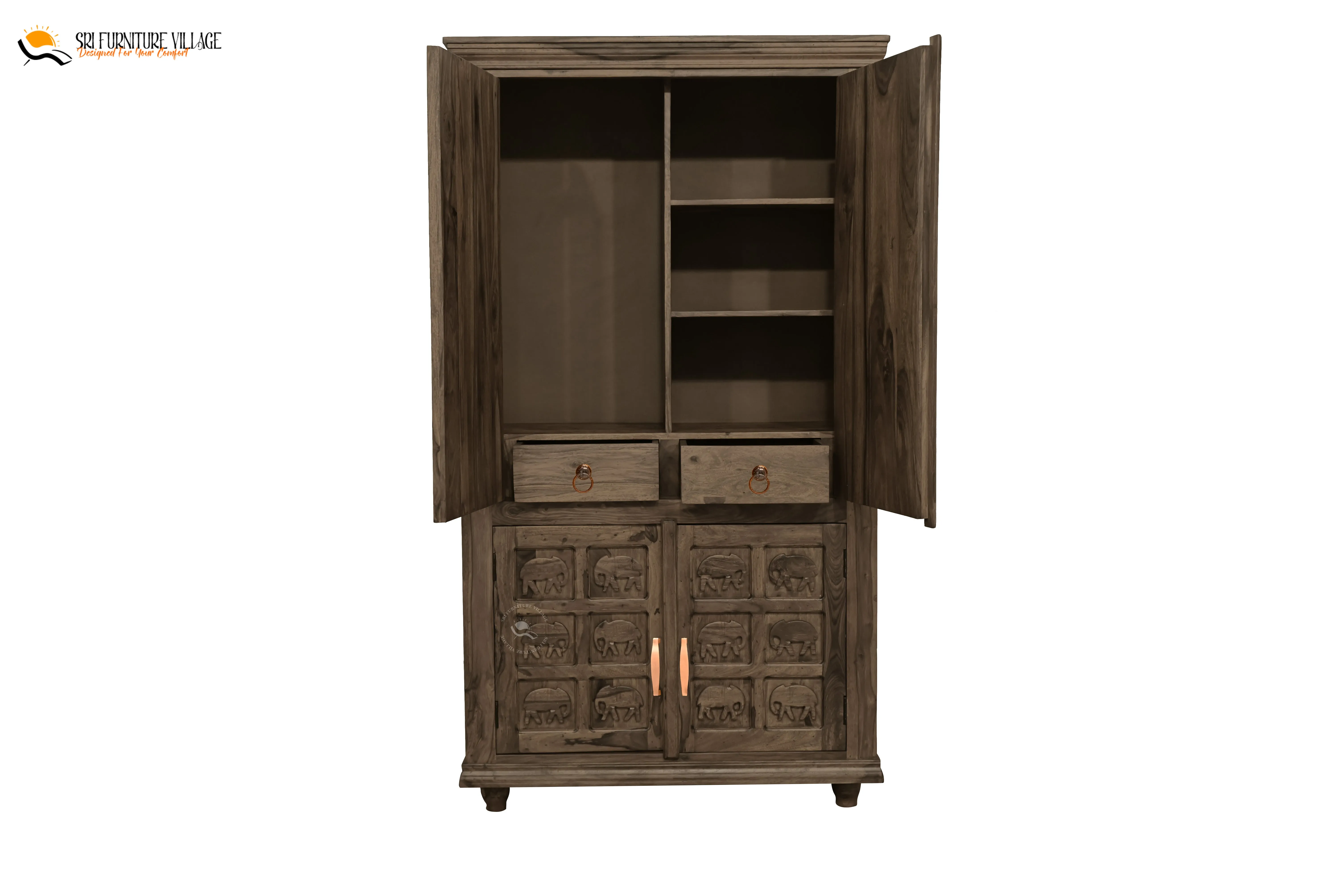 Elephant Solid Sheesham Wood 4 Door Wardrope (Stone Finish) - 6129