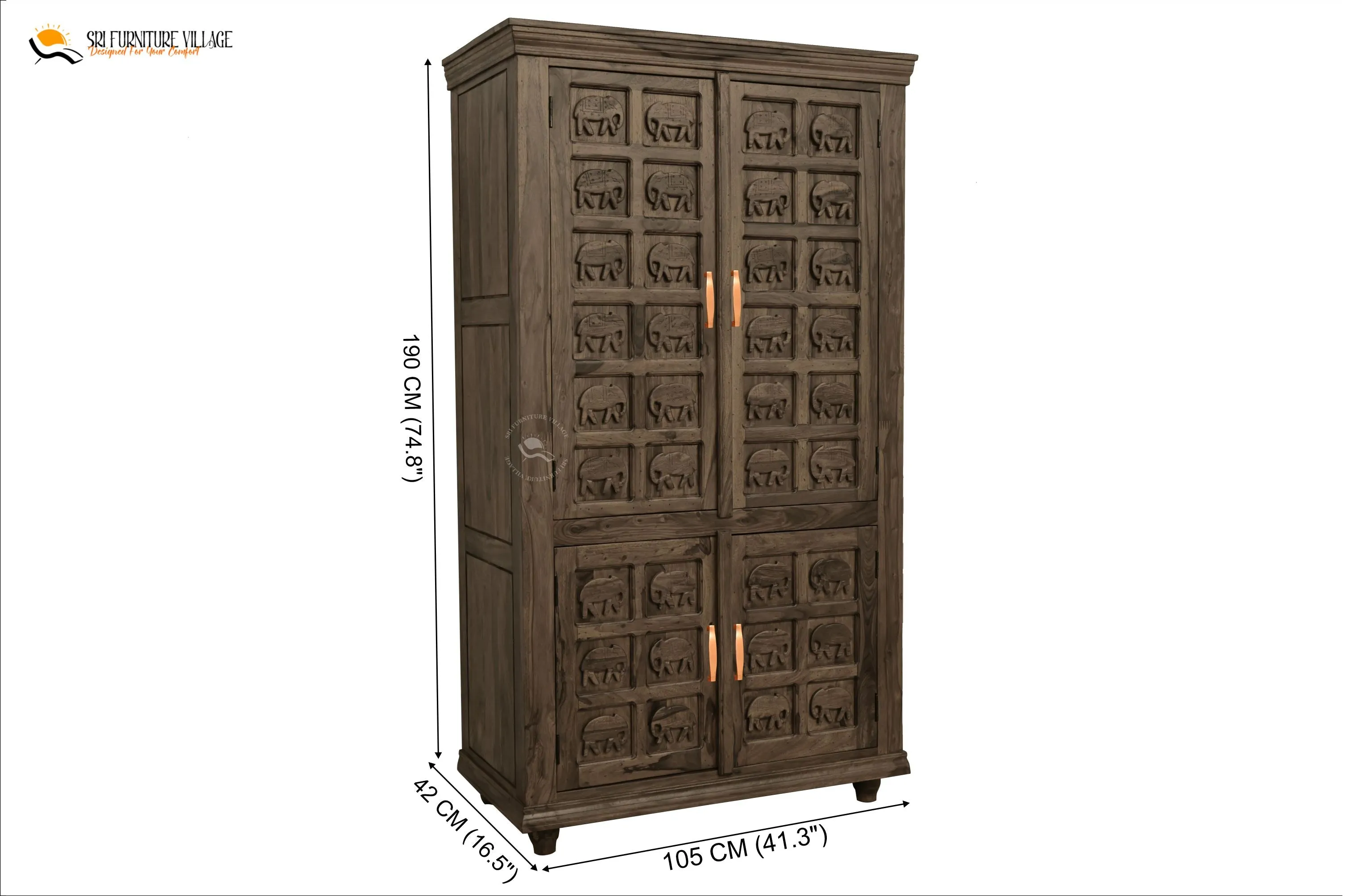 Elephant Solid Sheesham Wood 4 Door Wardrope (Stone Finish) - 6129