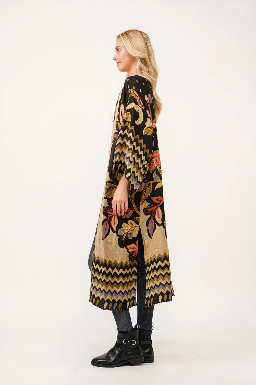 Embroidered Duster Kimono ~ Black & Tan